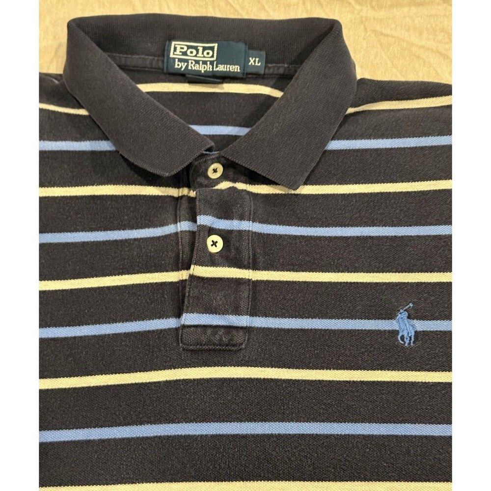 Polo Ralph Lauren Polo Shirt Mens Sz XL Navy Blue Striped Short Sleeve Pony Logo